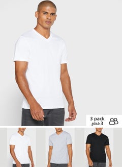 Buy 3 Pack V-Neck Plain T-Shirt White/Grey/Black in UAE