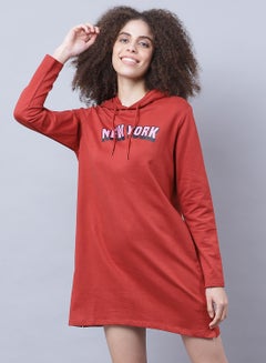 Buy New York Printed Hooded Neck Long Sleeves Mini Dress Red in Saudi Arabia