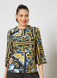 Buy Women's Causal Half Bell Sleeve Polyester Blend Printed Pattern Blouse With Round Neck Flat Collar Yellow Combo in Saudi Arabia