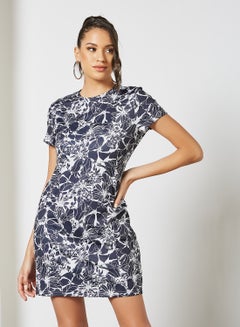 Buy Women's Casual Short Sleeve Slim Mini Dress With Round Neck Printed Pattern Multicolour in Saudi Arabia