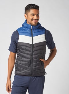 Buy Men's Casual Hooded And Side Pockets Detail Stripped Puffer Vest Jacket Black/White/Blue in UAE
