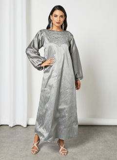 Buy Stylish Embellished Boat Neck Long Sleeve Jalabiya Grey in UAE