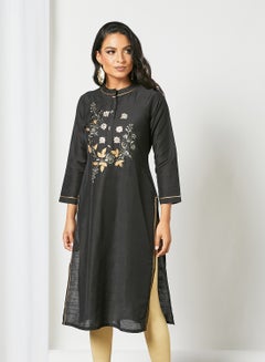 Buy Hand Embellished Mandarin Neck Kurta Black in Saudi Arabia