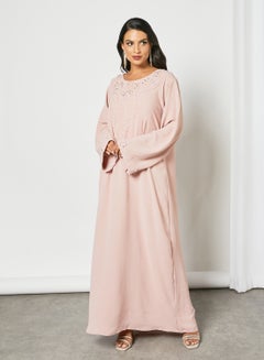 Buy Embellished Beaded Scoop Neck Long Sleeve Jalabiya With Belt Pink in UAE