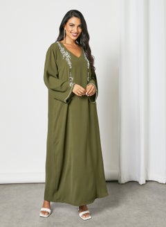 Buy Beads And Crystal Flowing Leafy V-Neck Jalabiya With Belt Dark Green in UAE