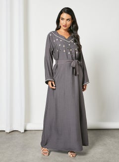 Buy Embellished Sweatheart Neck Beaded Jalabiya With Belt Grey in UAE