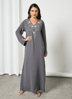 Buy Embellished Beaded V-Neck Jalabiya With Belt Grey in UAE