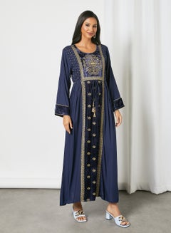 Buy Embroidered Round Neck Trendy Modest Jalabiya Blue in UAE