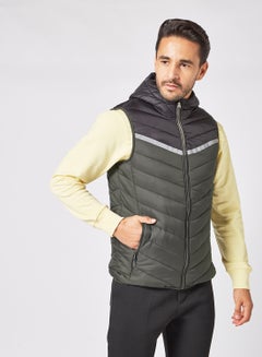 Buy Men's Casual Contrast Hooded And Side Pockets Detail Stripped Puffer Vest Jacket Multicolour in UAE