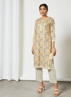 Buy Elegant Printed Round Neck Mid Length Kurta Multicolour in Saudi Arabia