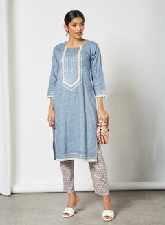 Buy Stylish All Over Printed Round Neck Three Quarter Sleeve Kurta Multicolour in Saudi Arabia