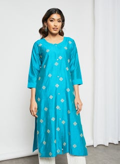 اشتري Ethnic Embroidered Detail Mid Length Kurta Blue في السعودية