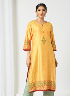 Buy Fancy Printed Notch Neck Mid Length Kurta Mustard in Saudi Arabia