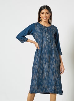 Buy Ethnic Printed Round Neck Mid Length Kurta Blue/Gold in Saudi Arabia