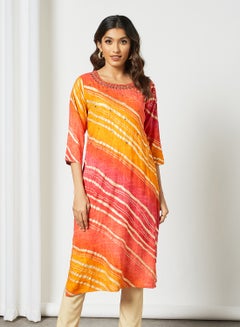 Buy Ethnic Striped Pattern Round Neck Mid Length Kurta Multicolour in Saudi Arabia