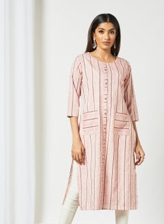 Buy Trendy Striped Pattern Round Neck Mid Length Kurta Pink/Brown in Saudi Arabia