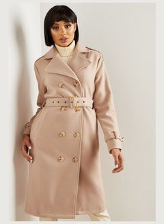 Buy Military Style Double Breasted Belted Coat Tan in Saudi Arabia