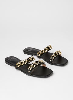Buy Chain Detail Flat Sandals Black/Gold in Saudi Arabia