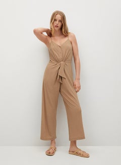 Buy V-Neck Knot Detail Jumpsuit Beige in Saudi Arabia