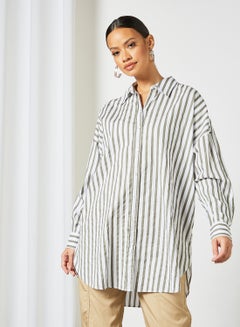 Buy Striped Oversized Shirt White/Green in Saudi Arabia