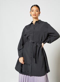 Buy Waist Tie Longline Shirt Black in Saudi Arabia