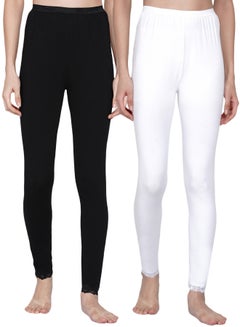 Buy 2-Piece Ultra Soft Tummy Support Stretchy Leggings Set Black/White in UAE