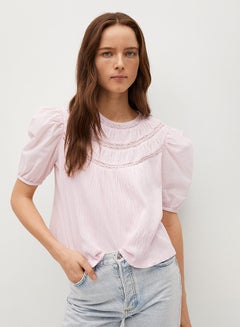 Buy Puffed Sleeve Openwork Top Light Pink in UAE