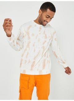 Buy Tie And Dye Print Crew Neck Long Sleeve Sweatshirt White/Beige in Saudi Arabia