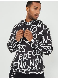 اشتري Letter Aop Long Sleeve Regular Hoodie Black/White في السعودية