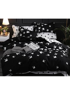 Buy 3-Piece Bird Printed Duvet Cover Set Cotton Black 210x230cm in Saudi Arabia