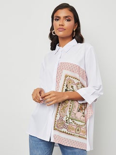 Buy Scarf Printed Asymmetric Hem Longline Shirt Multicolour in Saudi Arabia