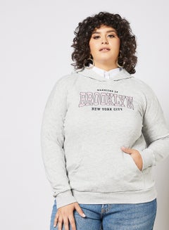 Buy Curvy Text Print Hoodie Grey in Saudi Arabia