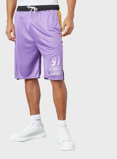 Buy Contrast Stripe Detail Elastic Waistband Drawstring Shorts Purple/White/Yellow in Saudi Arabia