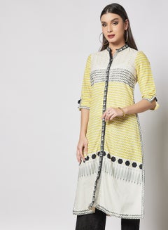 Buy Mandarin Neck Printed Kurta Yellow in UAE