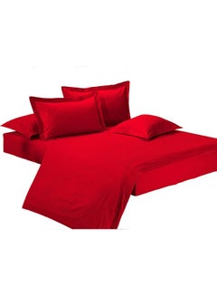 Buy 4-Piece Single Size Sateen Striped Zipper Closure Duvet Cover Set Cotton Blend Red in UAE