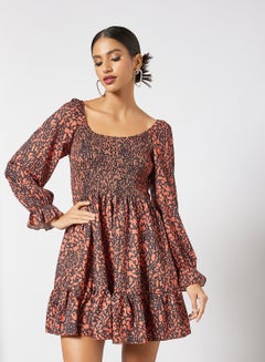 Buy Shirred Animal Print Dress Brown in UAE