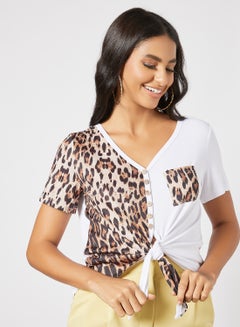 Buy Animal Print Front Tie T-Shirt White in UAE