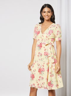 Buy Floral Print Wrap Dress Yellow in Saudi Arabia