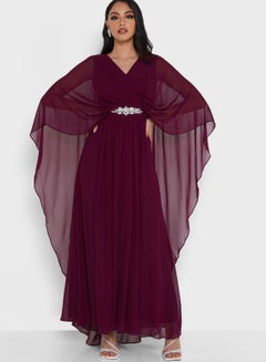 Buy Embellished Waist Detail Cape Sleeve Maxi Dress Burgundy in Saudi Arabia
