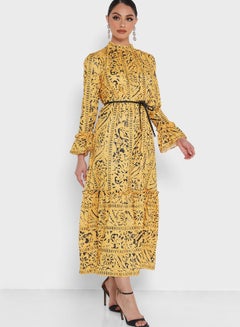 اشتري Floral Printed Waist Dori Long Sleeve Maxi Dress Yellow/Black في السعودية