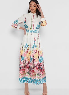 Buy Floral Printed Collared Neck A-Line Maxi Dress Multicolour in Saudi Arabia