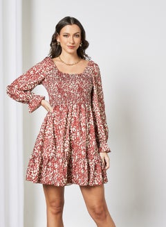 Buy Shirred Animal Print Dress Red in Saudi Arabia