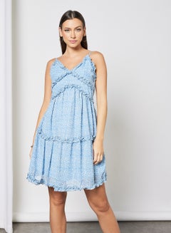 Buy Printed Ruffle Trim Dress Blue in Saudi Arabia