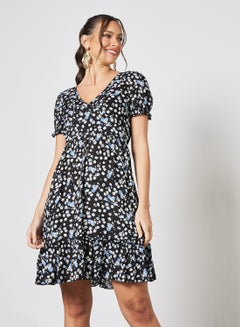 Buy Ruffle Hem Floral Print Dress Black in Saudi Arabia