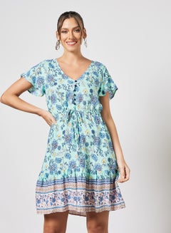 Buy Tie Waist Floral Print Dress Blue in Saudi Arabia