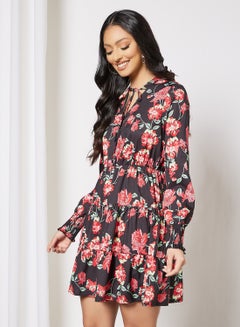 Buy Tie-Neck Floral Print Dress Multicolour in Saudi Arabia