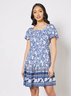 Buy Printed Square Neck Dress Multicolour in Saudi Arabia