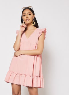 Buy V-Neck Plain Mini Dress Pink in Saudi Arabia