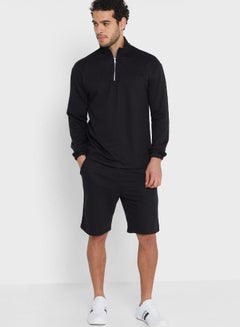 Buy Zip Neck Sweater Shorts Set Black in Saudi Arabia
