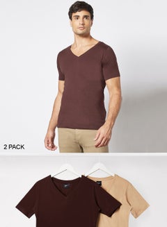 Buy Essential V Neck T-Shirt (Pack of 2) Burgundy/Beige in Saudi Arabia